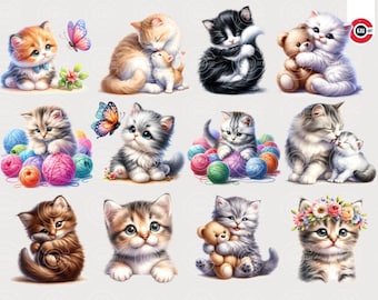 Cute cat clipart PNGs, Cute kitten Watercolor Clipart, Print on Demand Creations, Cute cat drawing, PNG Transparent, Cute cat images