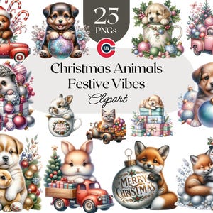 Pode incluir: Conjunto de clipart digital com vários animais de Natal, incluindo um urso, cachorros, um ouriço, um coelho, uma raposa e um boneco de neve, rodeados por decorações festivas. O texto "Christmas Animals Festive Vibes Clipart" também está presente.