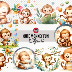 Lindo mono acuarela clipart, actividad divertida de mono, animales de safari, clipart de mono bebé, arte digital, álbum de recortes, fondo transparente