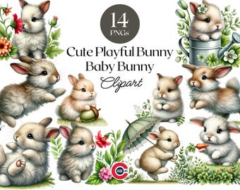 Bunny Watercolor Clipart, Baby Rabbit PNG, Scrapbooking (Digital Download)