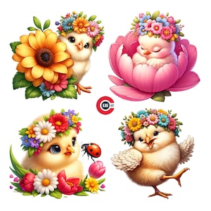 Cute Chick Clipart, Playful Chick with Flowers Clipart, Cute Baby Birds, Nursery Decor, Junk Journals, Scrapbooking and Sublimation