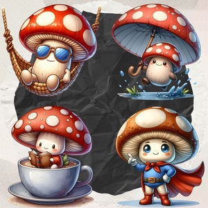 Peut inclure: Quatre champignons de dessin anim&eacute; avec des expressions et des activit&eacute;s diff&eacute;rentes. Un champignon se d&eacute;tend dans un hamac, un autre tient un parapluie, un autre lit un livre dans une tasse &agrave; th&eacute; et le dernier porte un costume de super-h&eacute;ros.