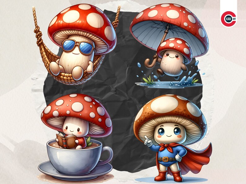 Peut inclure: Quatre champignons de dessin anim&eacute; avec des expressions et des activit&eacute;s diff&eacute;rentes. Un champignon se d&eacute;tend dans un hamac, un autre tient un parapluie, un autre lit un livre dans une tasse &agrave; th&eacute; et le dernier porte un costume de super-h&eacute;ros.