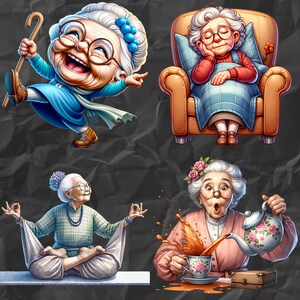 May include: Four illustrations of older women in different poses. The first woman is wearing a blue dress and holding a cane, the second woman is sleeping in a chair, the third woman is sitting in a yoga pose, and the fourth woman is pouring tea.