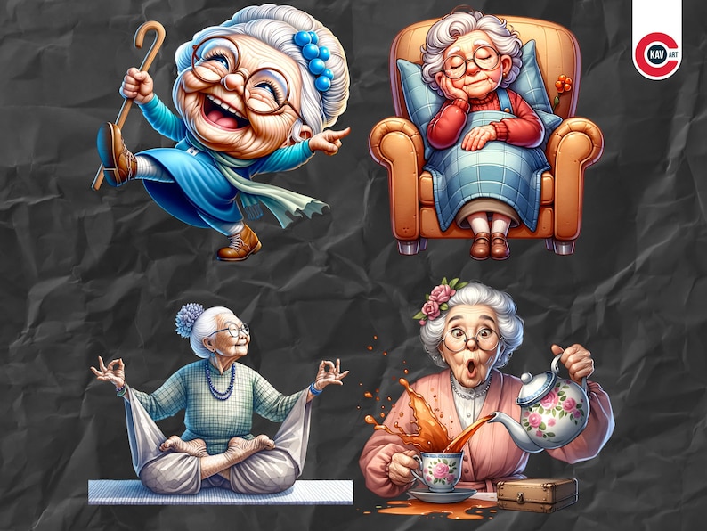 May include: Four illustrations of older women in different poses. The first woman is wearing a blue dress and holding a cane, the second woman is sleeping in a chair, the third woman is sitting in a yoga pose, and the fourth woman is pouring tea.