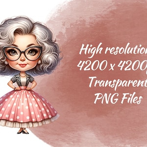May include: A cartoon illustration of a woman with grey curly hair wearing black framed glasses, a black and white checked jacket, and a pink polka dot dress. The text "High resolutions 4200 x 4200px Transparent PNG Files" is in the background.