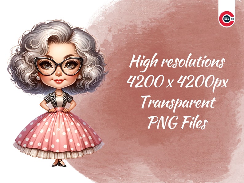 May include: A cartoon illustration of a woman with grey curly hair wearing black framed glasses, a black and white checked jacket, and a pink polka dot dress. The text "High resolutions 4200 x 4200px Transparent PNG Files" is in the background.