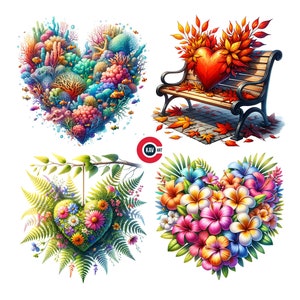 Clipart de corazón con flores y naturaleza, ilustraciones de corazón con naturaleza, corazón de flores, clipart de corazón, revistas basura, scrapbooking y sublimación
