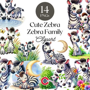 Clipart aquarelle zèbre mignon, famille zèbre mignonne, clipart zèbre ludique, clipart animaux mignons, décoration de chambre d'enfant, scrapbooking et sublimation
