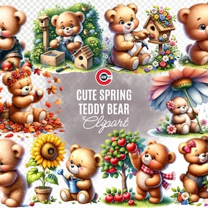 Ours en peluche mignon avec fleurs printanières Clipart aquarelle, clipart mignon ours en peluche heureux, décoration de chambre d'enfant, fond Transparent