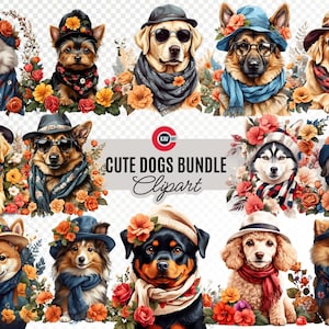 Bundle de cliparts aquarelle de race de chien, clipart chiens mignons, chiens PNG Bundle, chiens avec chapeau, écharpe et fleurs clipart, fond Transparent