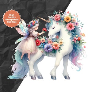 Watercolor Fairy Unicorn Clipart: Floral PNG Graphics (commercial Use ...