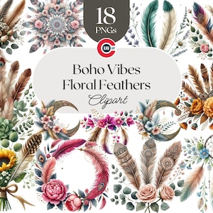 Boho Floral Feathers Watercolor Clipart: Scrapbooking & Sublimation (PNG)