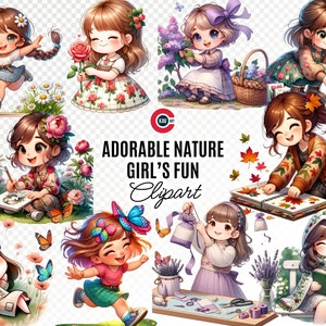 Bundle de cliparts aquarelle amusante fille nature adorable, illustrations de fille ludique pour travaux manuels et décoration de chambre d'enfant, PNG transparent