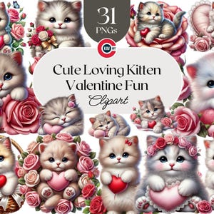 Imágenes prediseñadas de gatito, gráficos de gatito de San Valentín, gatito amoroso, lindo gatito con flores, lindo gato, PNG transparente, álbumes de recortes y sublimación