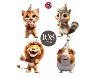 Party Animals Clipart, Birthday Celebration Graphics (Digital Download)