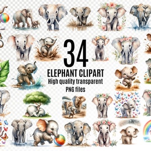Clipart de elefante, clipart de animal selvagem fofo, 34 PNGs transparentes de alta qualidade, álbuns de recortes, criação de cartões, download digital, livros de memória