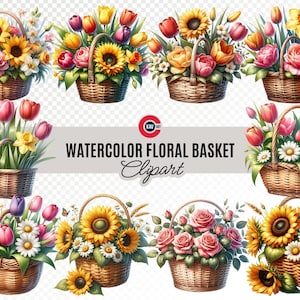 Rose, Tulpe, Sonnenblume und Gänseblümchen Blumenkorb Aquarell Clipart, Blumenkorb, Blumen Clipart, Korb mit Blumen, transparentes PNG