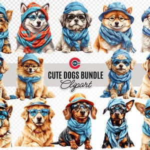 犬種の水彩画クリップアート バンドル、かわいい犬のクリップアート、犬の PNG バンドル、帽子とスカーフをつけた犬のクリップアート、透明な背景