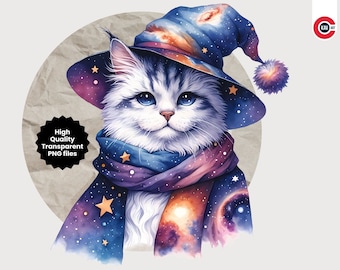 Magical Watercolor Celestial Cat Clipart Bundle | Transparent PNGs for DIY Projects