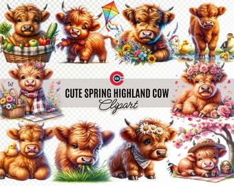 May include: Cute Highland cow clipart featuring a variety of spring scenes. The cows are depicted in various poses, including sitting, standing, and lying down. They are surrounded by flowers, butterflies, and other spring elements. The text "Cute Spring Highland Cow Clipart" is displayed in the center of the image.