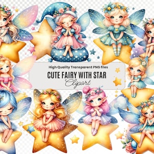Wishmecle 星の上に座っているかわいい妖精の水彩画クリップアート、星を持つ妖精、妖精のグラフィック、魔法の妖精のクリップアート、かわいい妖精のクリップアート PNG