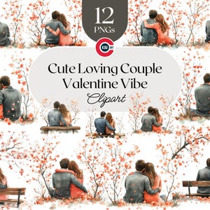 Couple watercolor clipart, Valentine couple, Loving couple sitting in blossom wooden bench, Romantic couple, Scrapbooking and Sublimation