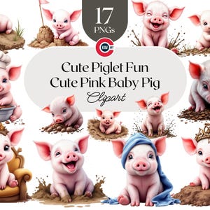 Cute Pig Cliparts, Cute pink Baby Pig graphics, Happy Baby Pig, Cute Piglet, Cute animals, Piglet PNG, PNG for Sublimation