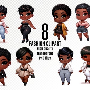 African American kurvige Chibi Clipart, Fashionista PNG transparenten Hintergrund Bundle, Clipart für Print on Demand, Scrapbooks