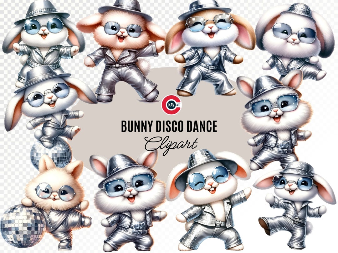 70s Cartoon Rabbit Bunny Disco Dance Watercolor Clipart: 70s Outfit (PNG, Commercial Use ...