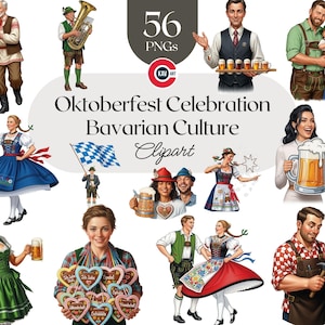 May include: Digital clipart set depicting Oktoberfest celebrations and Bavarian culture. Illustrations include people in traditional dress, beer steins, pretzels, and a chequered flag. The text "Oktoberfest Celebration Bavarian Culture Clipart" is also included.