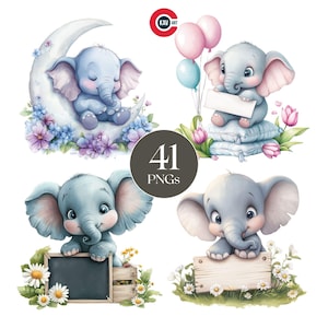 Elefant Clipart, niedlicher Baby Elefant mit Blumen und Banner Grafiken, Feier Tiere Grafiken, Scrapbooking und Sublimation