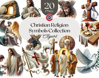 Könnte beinhalten: Eine Sammlung von 20 Clipart-Bildern mit christlichen religiösen Symbolen. Die Bilder beinhalten eine Taube, ein Kreuz, ein Lamm, einen Kelch, ein Brotlaib, ein Grab, einen Engel und Jesus, der das Kreuz trägt. Die Bilder sind in verschiedenen Stilen und Farben gehalten.