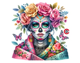 Día de Muertos Watercolor Clipart: Sugar Skull PNG (Digital Download)