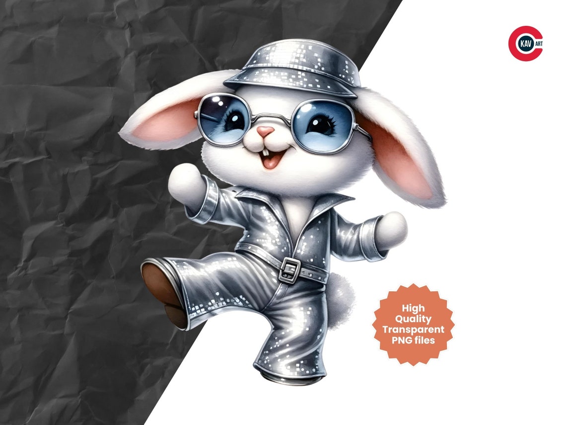 70s Cartoon Rabbit Bunny Disco Dance Watercolor Clipart: 70s Outfit (PNG, Commercial Use ...