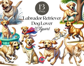 May include: A set of 13 digital clipart images featuring Labrador Retriever dogs in various poses. The dogs are depicted in different settings, including a pool, a forest, and a field. The images are perfect for dog lovers and can be used for a variety of creative projects.