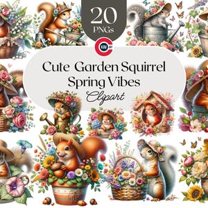 Garden Squirrel clipart, Cute Spring Squirrel, Spring Flowers, Cute Squirrel Art, Spring Animals, PNG for Sublimation, Digital Download