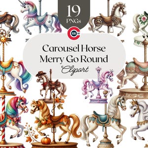 Cavalo de carrossel aquarela clipart, Decoração de feriado de carnaval, Clipart festivo, Carrossel, PNG transparente, Scrapbooking e sublimação