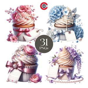 Cupcake Clipart, Cupcakes mit Blumen, Geburtstag Cupcakes, Romantische Cupcakes, Geburtstag & Feier Cupcake Grafiken