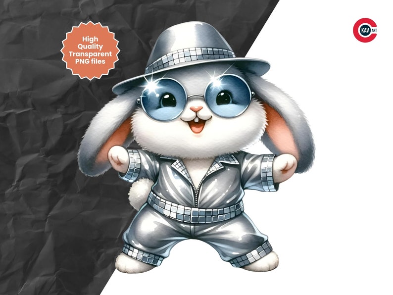 70s Cartoon Rabbit Bunny Disco Dance Watercolor Clipart: 70s Outfit (PNG, Commercial Use ...