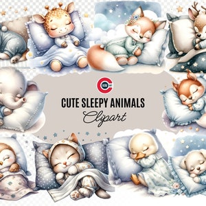 Animais fofos dormindo aquarela clipart, Decoração de berçário, Chá de bebê, Animais dormindo, Animais fofos, Fundo transparente, Uso comercial