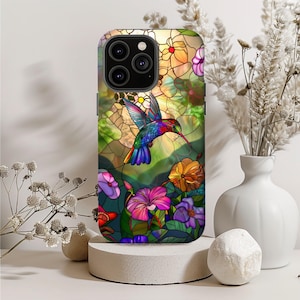 Coque de portable robuste illusion en vitrail Le colibri pour iPhone 16 15 14 13 12 Galaxy S24 Google Pixel 8 Pro Cadeau pour elle haut de gamme