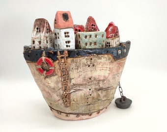 CITY ON THE WATER 5; ceramic sculpture, artistic ceramics, handmade ceramics, ceramic sculpture, ceramic ship, ceramic art, ceramic house