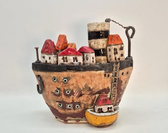 CITY on the WATER 7; sculpture, artistic ceramics, handmade ceramics, ceramic sculpture, clay ship, ceramic art, ship, boat