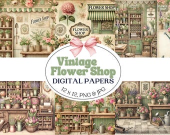 Pacote de Papel Digital Vintage para Floricultura | Papel Floral para Scrapbook 12x12 (PNG, JPG)