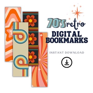 Signets numériques rétro des années 70 | Marque-page numérique rétro groovy | Ensemble de signets | Marque-page rétro | Marque-page numérique rétro hippie