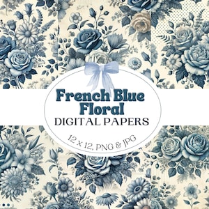 Toile française | Motif floral bleu | Motifs floraux vintage | | Papier numérique | Papier pour scrapbooking | Toile de Jouy | Papier numérique bleu français