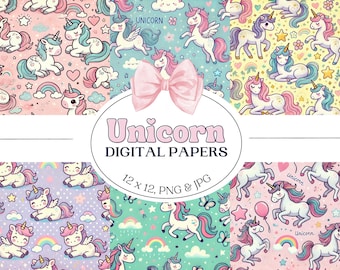 Papel digital de unicornio: patrones de álbum de recortes de arcoíris (descarga digital PNG y JPG de 12 x 12)