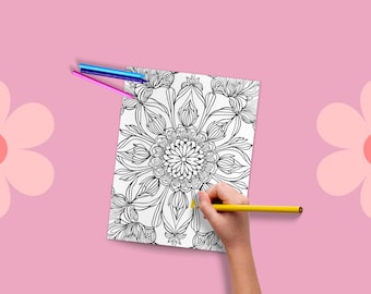Whimsical Flower Mandala Coloring Book | Grayscale Floral Designs (Digital Download)