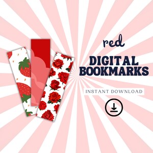 Red Digital Bookmark | Bookmark Set | Red Bookmark | Floral Bookmark | Bookmarks for Kids | Kids Bookmarks | Retro Bookmark